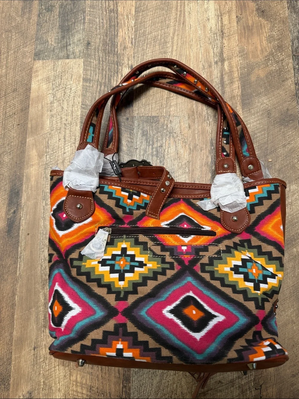 Montana West Brown Fringe Tote with Multicolor Aztec Pattern